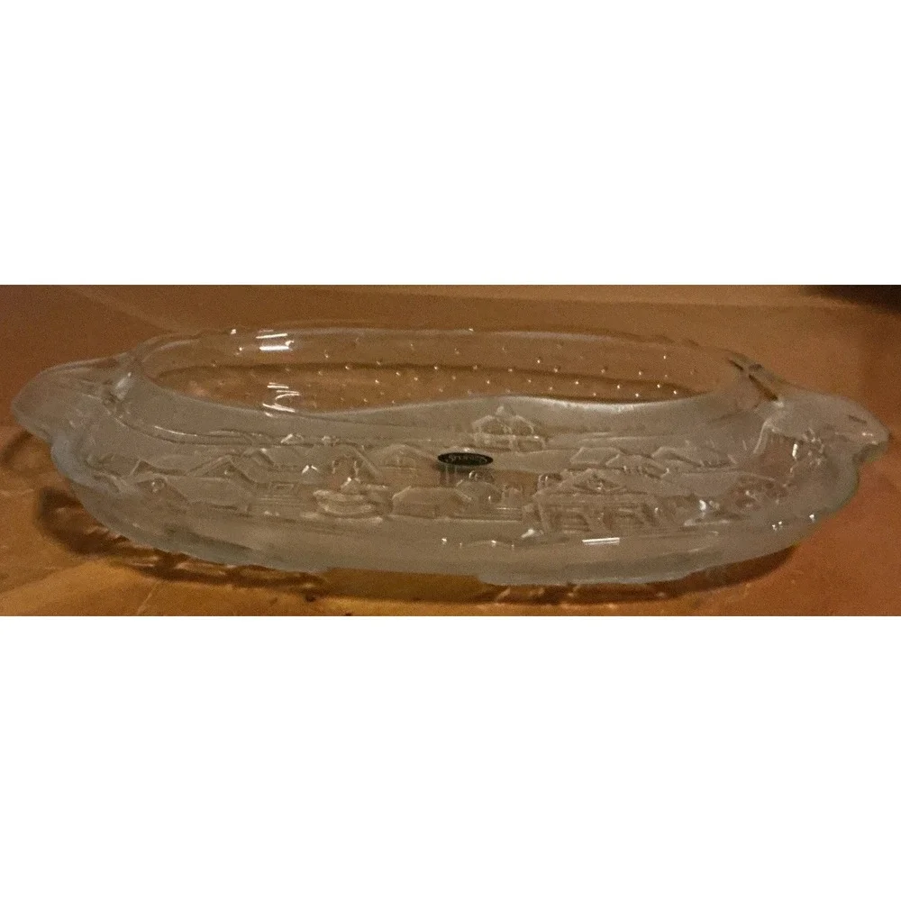 Vintage Crystal‎ Clear Studios Glass Serving Platter Winter Village Scene